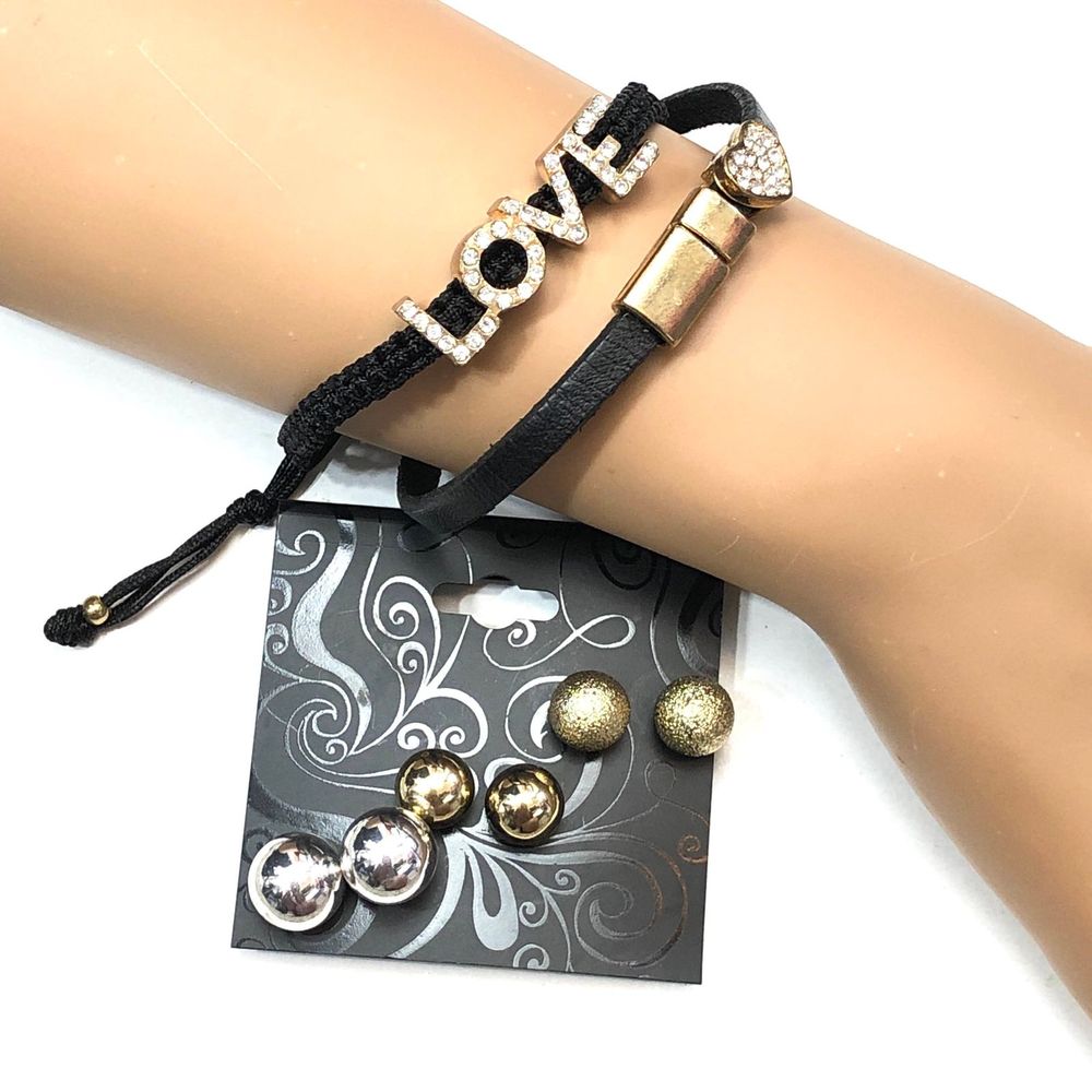 GNW Bracelets & 3 Pair Earrings Set Love Heart